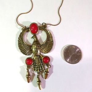 📍Vintage Large Egyptian Falcon Bird Antique Gold W/ Red Coral Pendant On Chain
